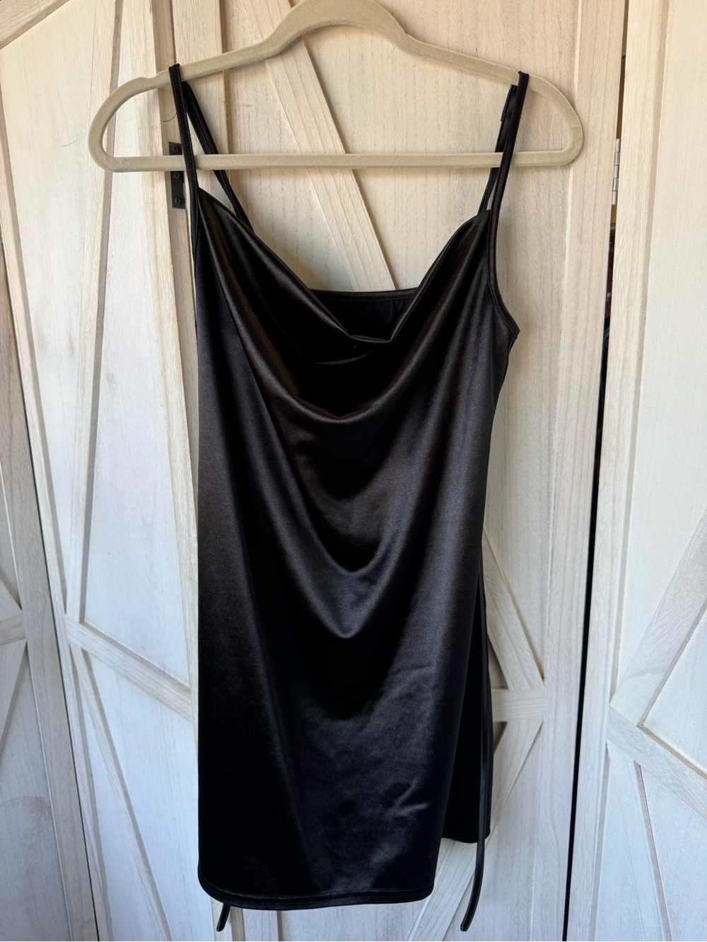 Black Satin Cowl Mini Dress with Adjustable Straps holiday homecoming